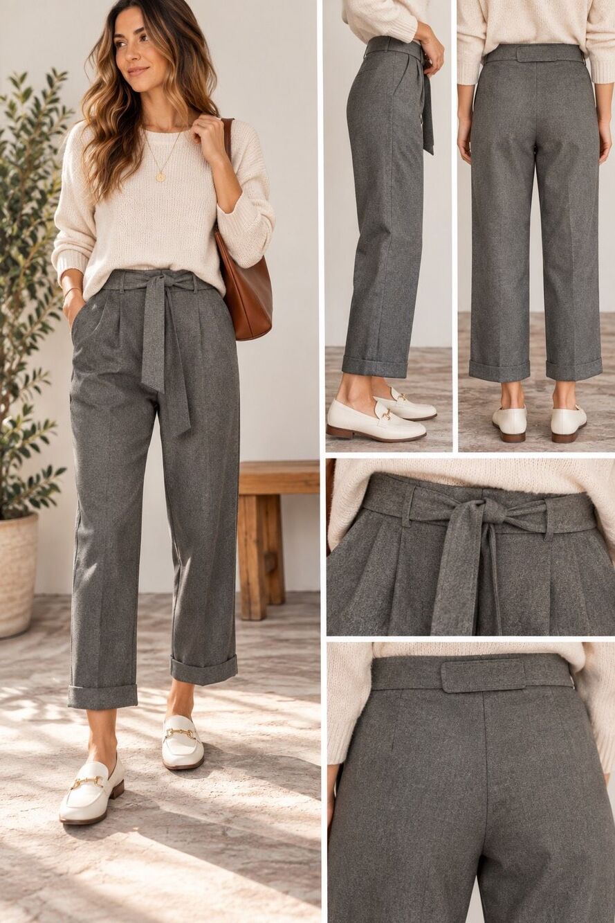 Cartonnier by Anthropologie Gray Cropped Straight Leg Trousers Belted Cuffed Siz
